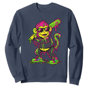 Neon Dripping Monkey Baseball Graphic Sweatshirt Ball Party Game Day Vibes TS02 Navy Print Your Wear