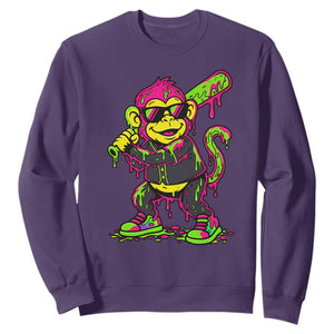 Neon Dripping Monkey Baseball Graphic Sweatshirt Ball Party Game Day Vibes TS02 Purple Print Your Wear