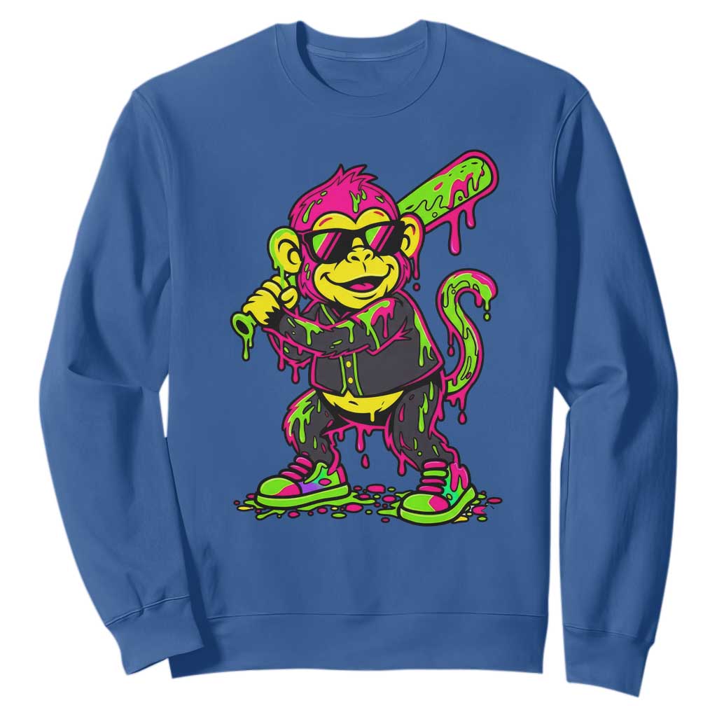 Neon Dripping Monkey Baseball Graphic Sweatshirt Ball Party Game Day Vibes TS02 Royal Blue Print Your Wear