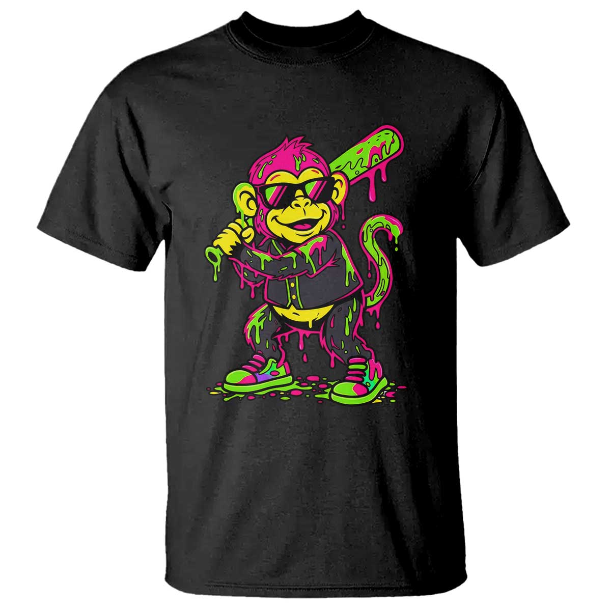 Neon Dripping Monkey Baseball Graphic T Shirt Ball Party Game Day Vibes TS02 Black Print Your Wear
