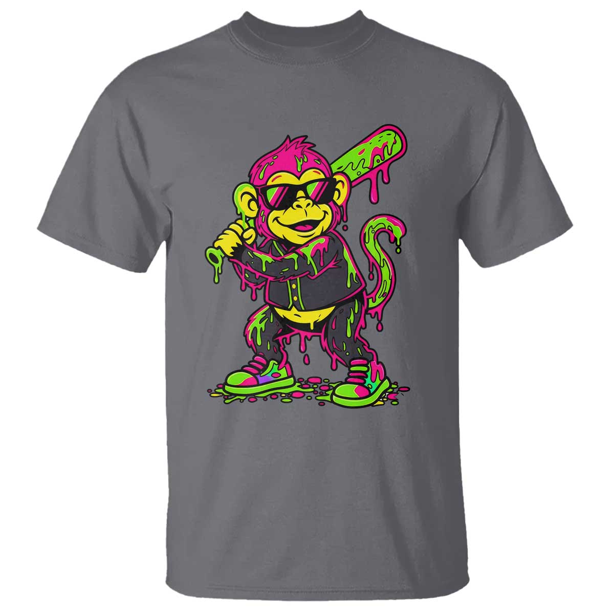 Neon Dripping Monkey Baseball Graphic T Shirt Ball Party Game Day Vibes TS02 Charcoal Print Your Wear