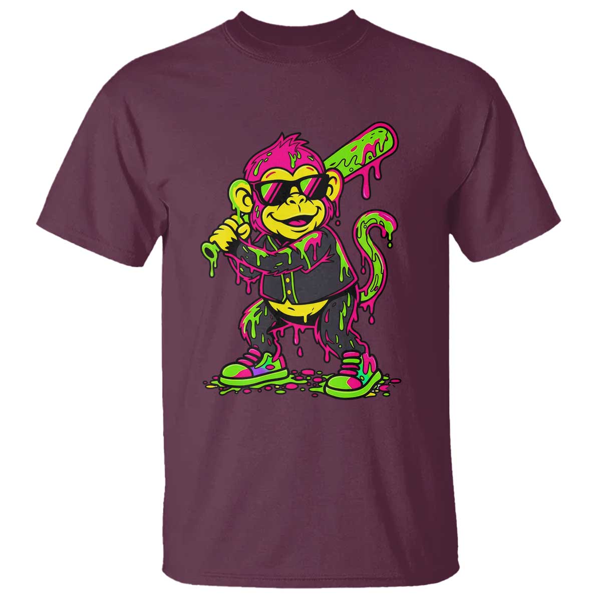Neon Dripping Monkey Baseball Graphic T Shirt Ball Party Game Day Vibes TS02 Maroon Print Your Wear