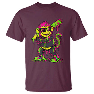 Neon Dripping Monkey Baseball Graphic T Shirt Ball Party Game Day Vibes TS02 Maroon Print Your Wear