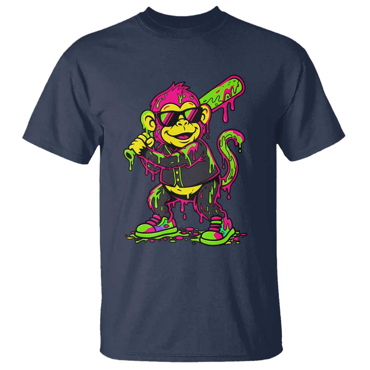Neon Dripping Monkey Baseball Graphic T Shirt Ball Party Game Day Vibes TS02 Navy Print Your Wear