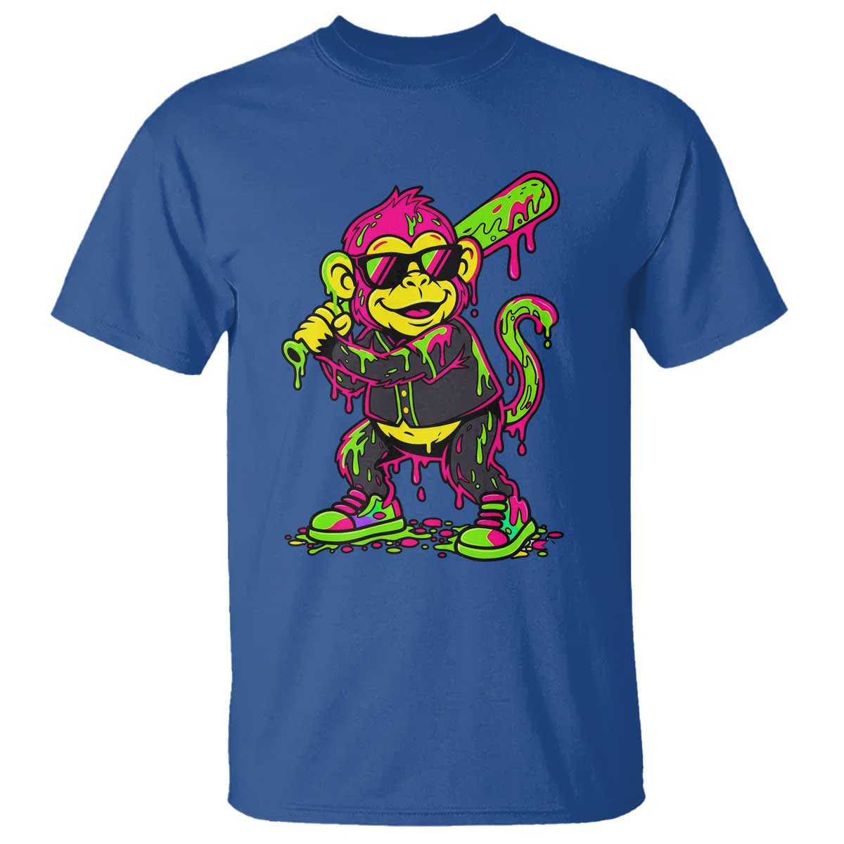 Neon Dripping Monkey Baseball Graphic T Shirt Ball Party Game Day Vibes TS02 Royal Blue Print Your Wear