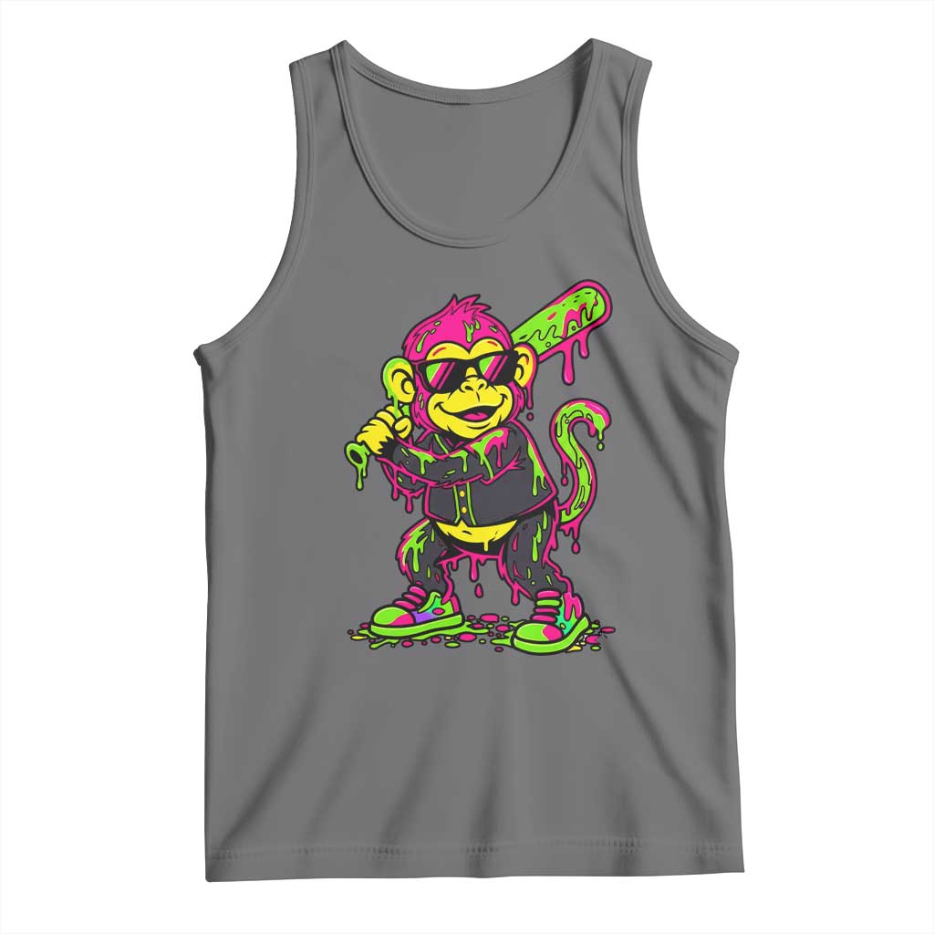 Neon Dripping Monkey Baseball Graphic Tank Top Ball Party Game Day Vibes TS02 Black Heather Print Your Wear