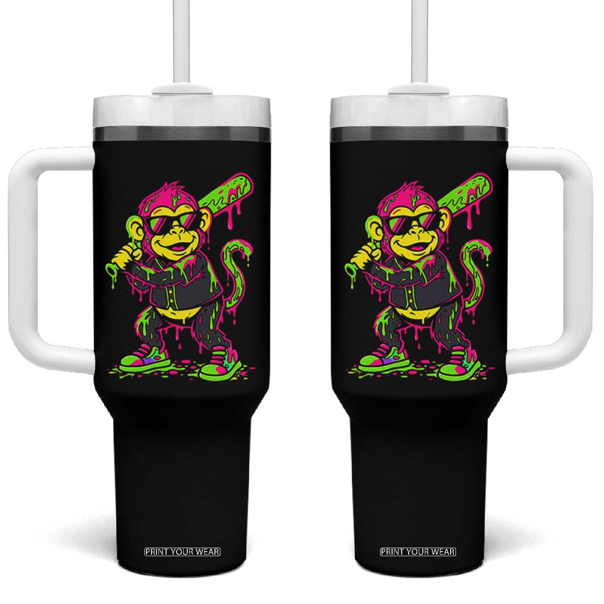Neon Dripping Monkey Baseball Graphic Tumbler With Handle Ball Party Game Day Vibes TS02 One Size: 40 oz Black Print Your Wear