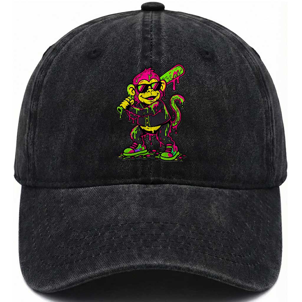 Neon Dripping Monkey Baseball Graphic Washed Cotton Baseball Cap Ball Party Game Day Vibes TS02 Washed Cap Universal Fit Black Print Your Wear