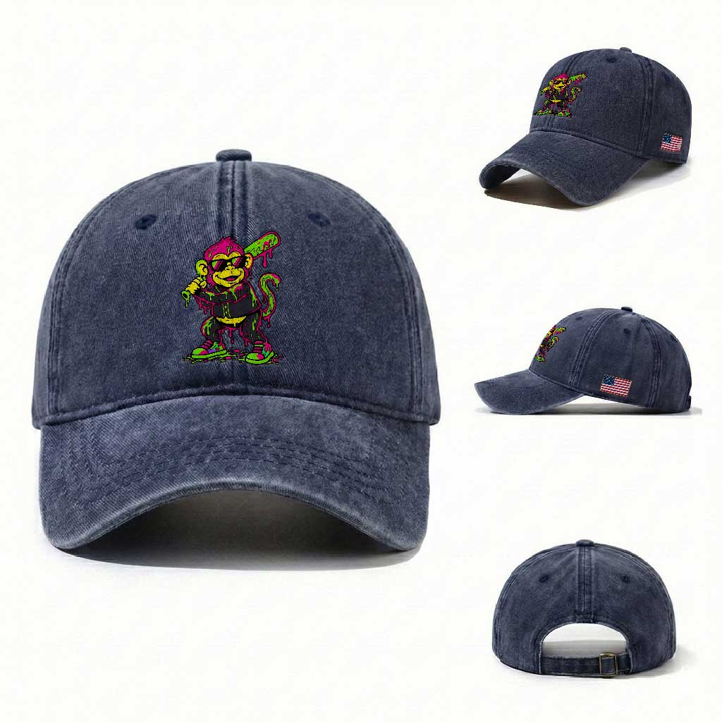 Neon Dripping Monkey Baseball Graphic Washed Cotton Baseball Cap Ball Party Game Day Vibes TS02 Washed Cap Universal Fit Navy Print Your Wear