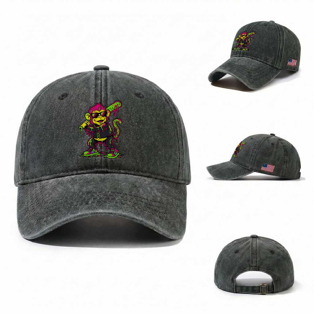 Neon Dripping Monkey Baseball Graphic Washed Cotton Baseball Cap Ball Party Game Day Vibes TS02 Washed Cap Universal Fit Dark Green Print Your Wear