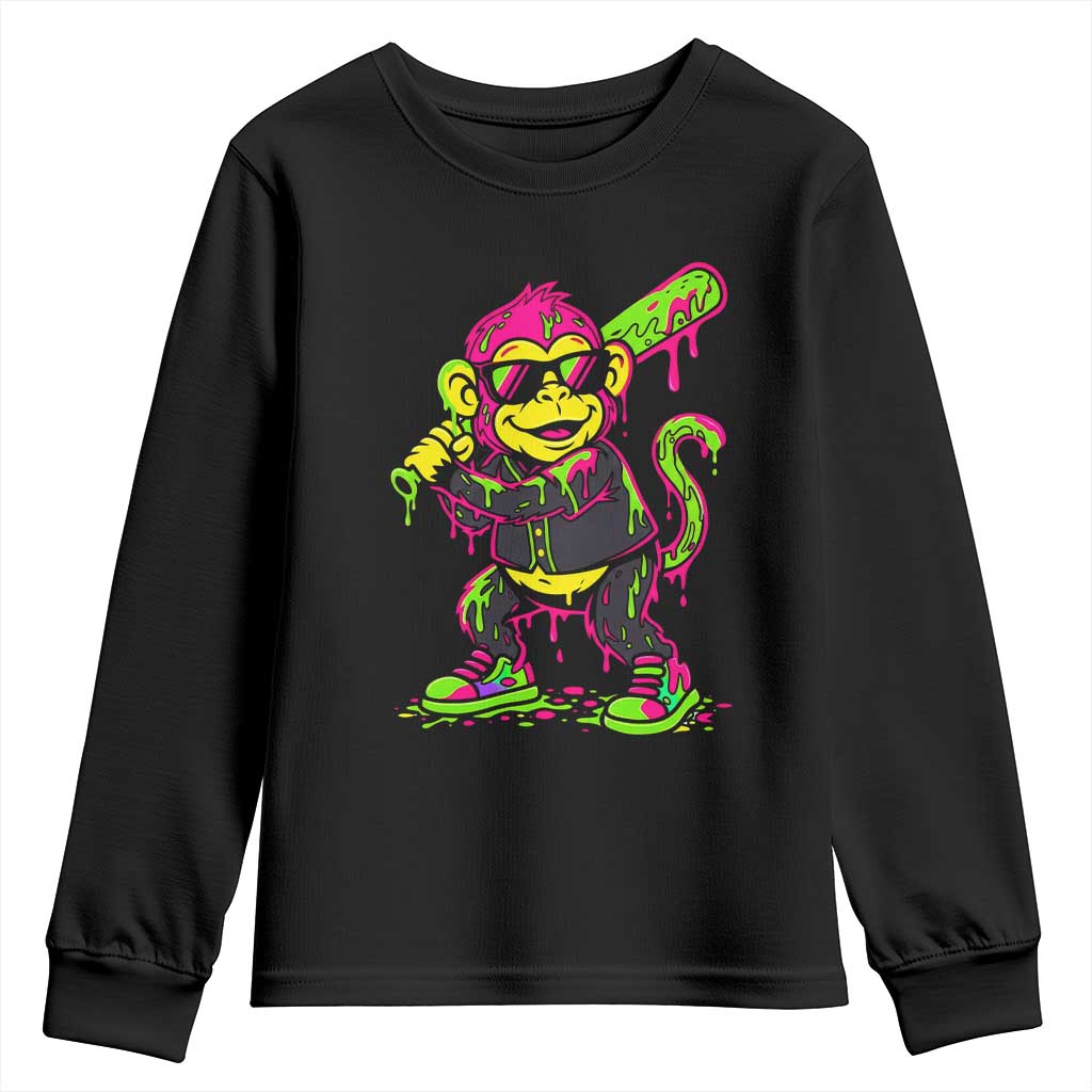 Neon Dripping Monkey Baseball Graphic Youth Sweatshirt Ball Party Game Day Vibes TS02 Black Print Your Wear