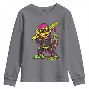 Neon Dripping Monkey Baseball Graphic Youth Sweatshirt Ball Party Game Day Vibes TS02 Charcoal Print Your Wear