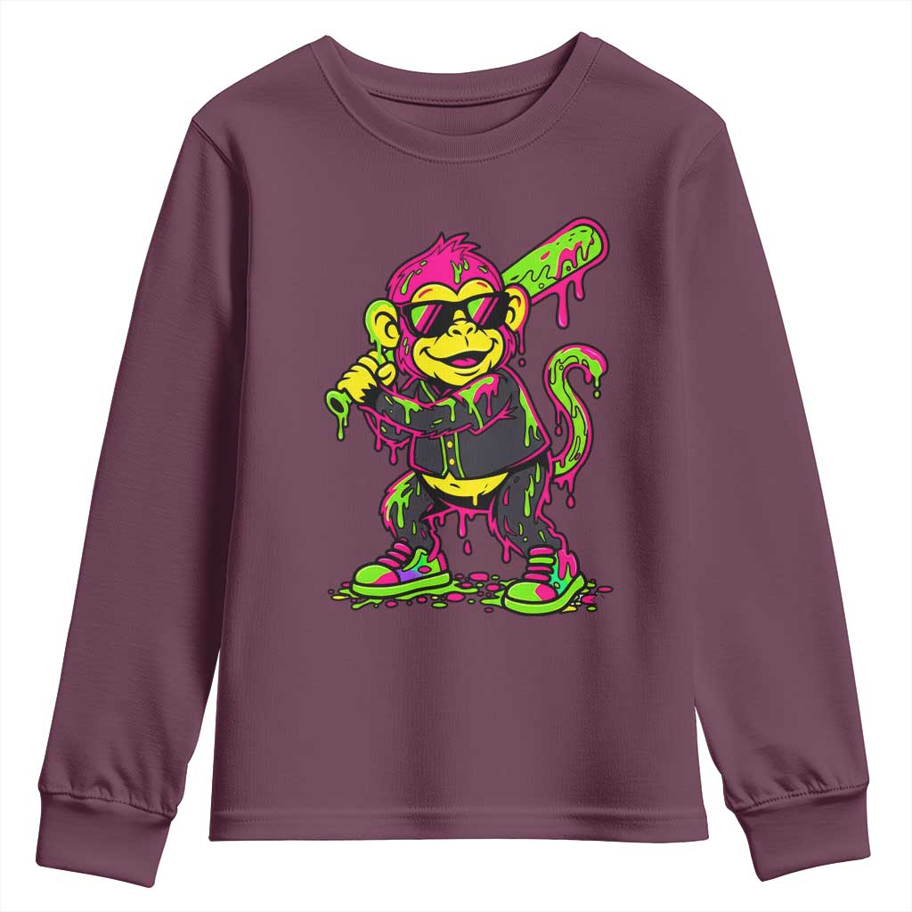 Neon Dripping Monkey Baseball Graphic Youth Sweatshirt Ball Party Game Day Vibes TS02 Maroon Print Your Wear