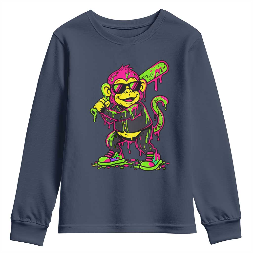 Neon Dripping Monkey Baseball Graphic Youth Sweatshirt Ball Party Game Day Vibes TS02 Navy Print Your Wear