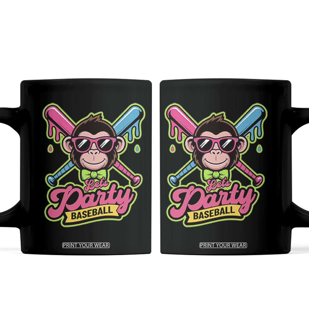 Lets Party Baseball Monkey Game Day Coffee Mug Neon Dripping Bats Funny Baseball Fan Party Ball TS02 Black Print Your Wear