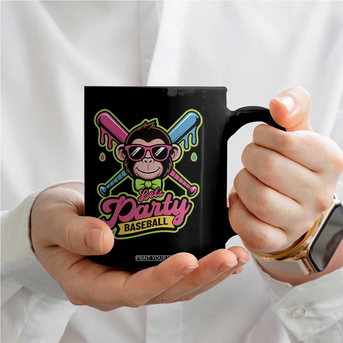 Lets Party Baseball Monkey Game Day Coffee Mug Neon Dripping Bats Funny Baseball Fan Party Ball TS02 Print Your Wear
