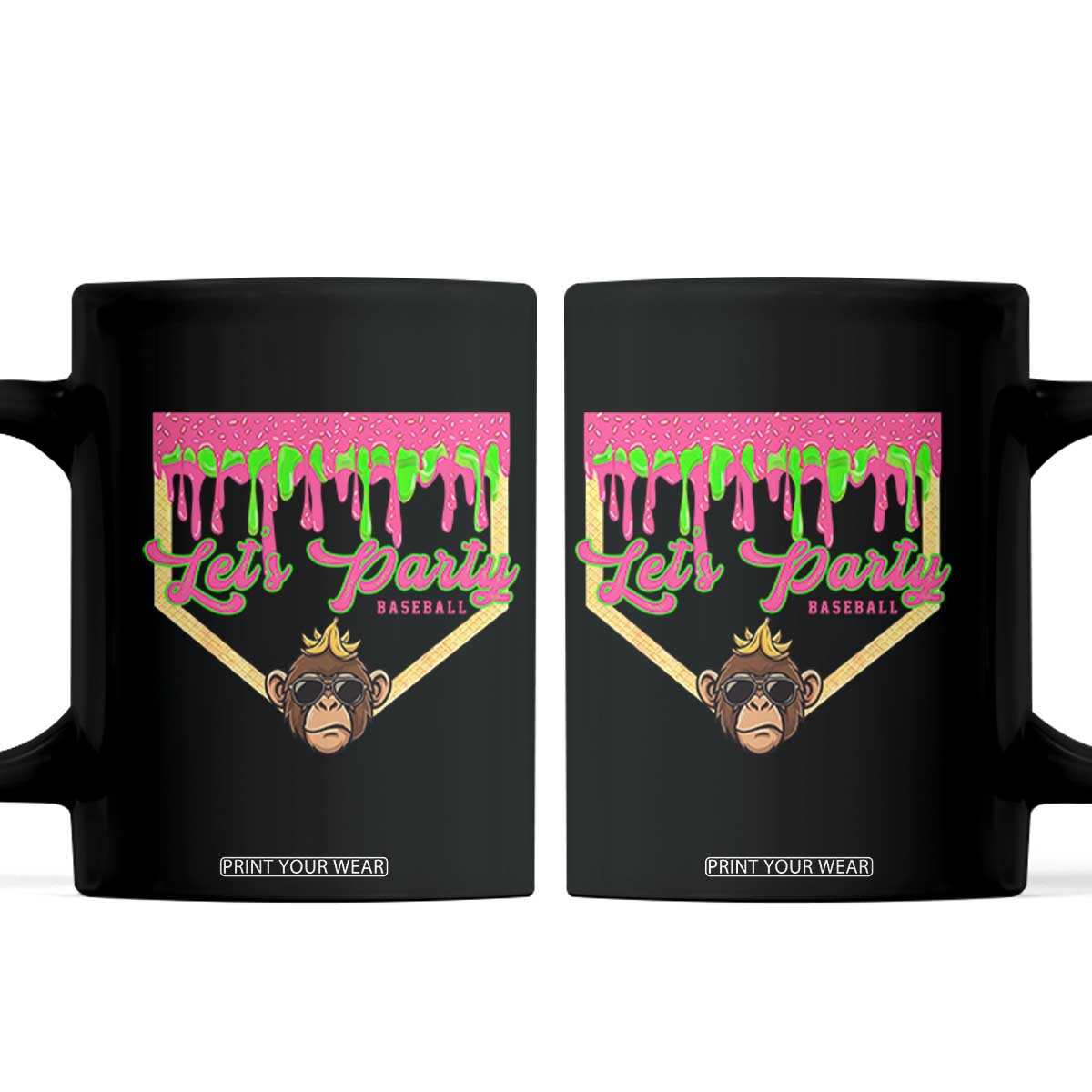 Lets Party Monkey Baseball Game Day Coffee Mug Neon Dripping Homeplate Funny Ball Party Fans TS02 Black Print Your Wear