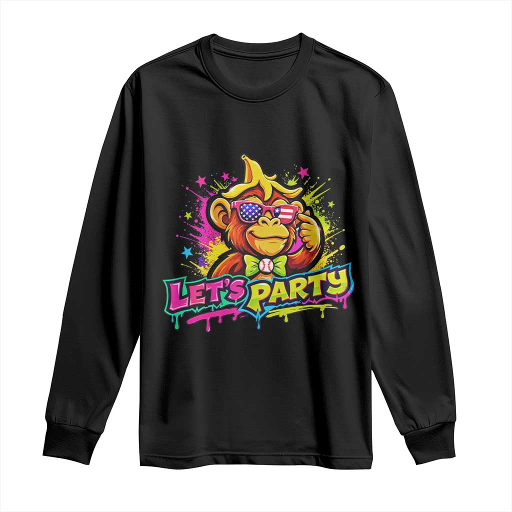 Lets Party Baseball Monkey Colorful Graphic Long Sleeve Shirt American Flag Game Day Fans Ball Party Vibes TS02 Black Print Your Wear