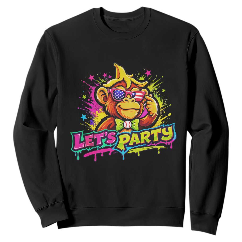 Lets Party Baseball Monkey Colorful Graphic Sweatshirt American Flag Game Day Fans Ball Party Vibes TS02 Black Print Your Wear