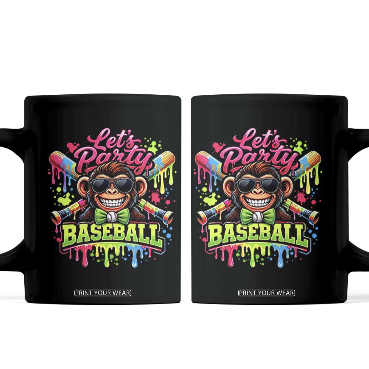 Lets Party Baseball Monkey Neon Dripping Graphic Coffee Mug Funny Ball Party Game Day Fans TS02 Black Print Your Wear