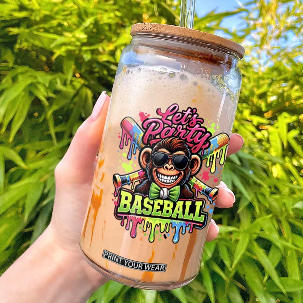 Lets Party Baseball Monkey Neon Dripping Graphic Glass Can Funny Ball Party Game Day Fans TS02 Black Print Your Wear