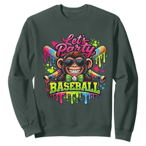 Lets Party Baseball Monkey Neon Dripping Graphic Sweatshirt Funny Ball Party Game Day Fans TS02 Dark Forest Green Print Your Wear