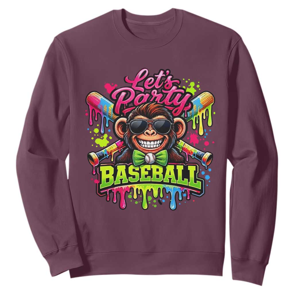 Lets Party Baseball Monkey Neon Dripping Graphic Sweatshirt Funny Ball Party Game Day Fans TS02 Maroon Print Your Wear