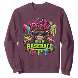 Lets Party Baseball Monkey Neon Dripping Graphic Sweatshirt Funny Ball Party Game Day Fans TS02 Maroon Print Your Wear
