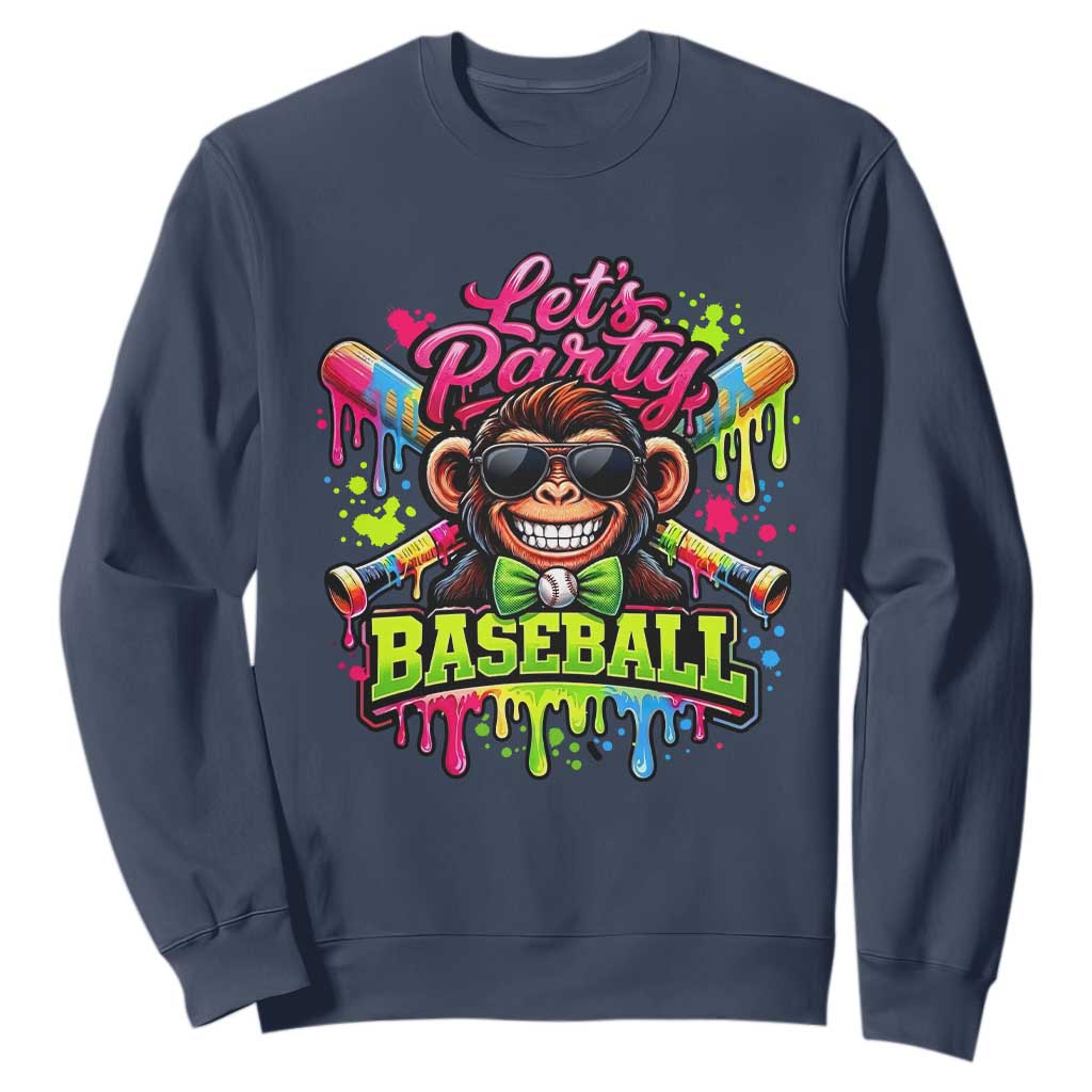 Lets Party Baseball Monkey Neon Dripping Graphic Sweatshirt Funny Ball Party Game Day Fans TS02 Navy Print Your Wear