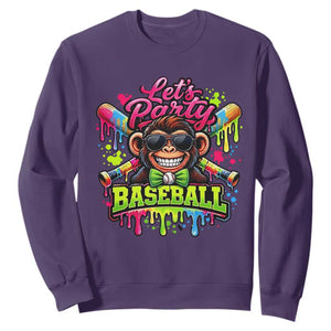 Lets Party Baseball Monkey Neon Dripping Graphic Sweatshirt Funny Ball Party Game Day Fans TS02 Purple Print Your Wear