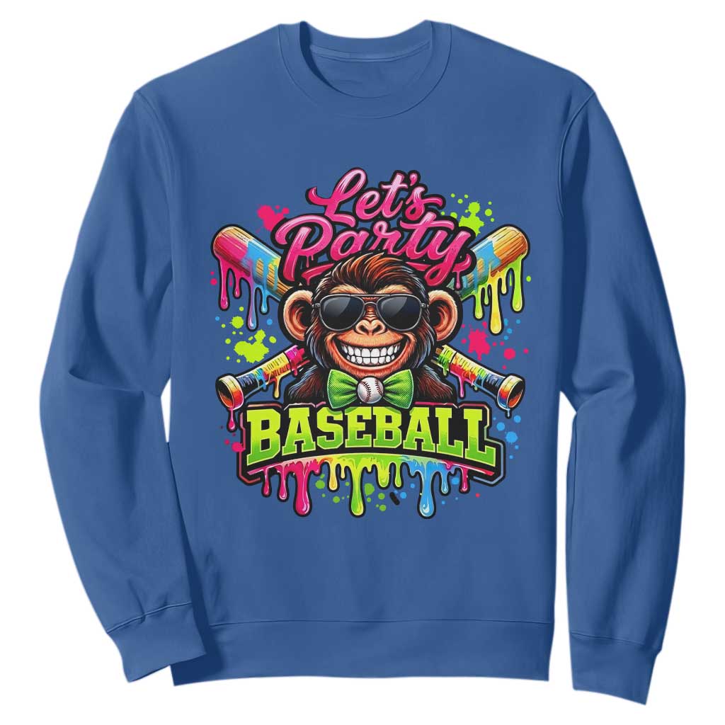 Lets Party Baseball Monkey Neon Dripping Graphic Sweatshirt Funny Ball Party Game Day Fans TS02 Royal Blue Print Your Wear