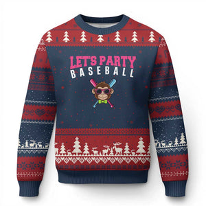 Let's Party Baseball Monkey Ugly Christmas Sweater Ball Party Game Day Vibes TS02 Navy Red Print Your Wear