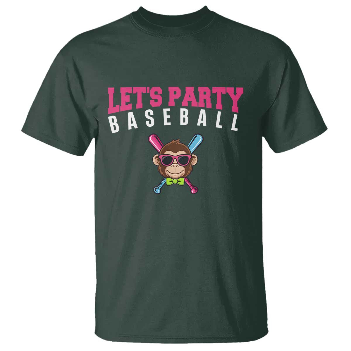 Let's Party Baseball Monkey T Shirt Ball Party Game Day Vibes TS02 Dark Forest Green Print Your Wear