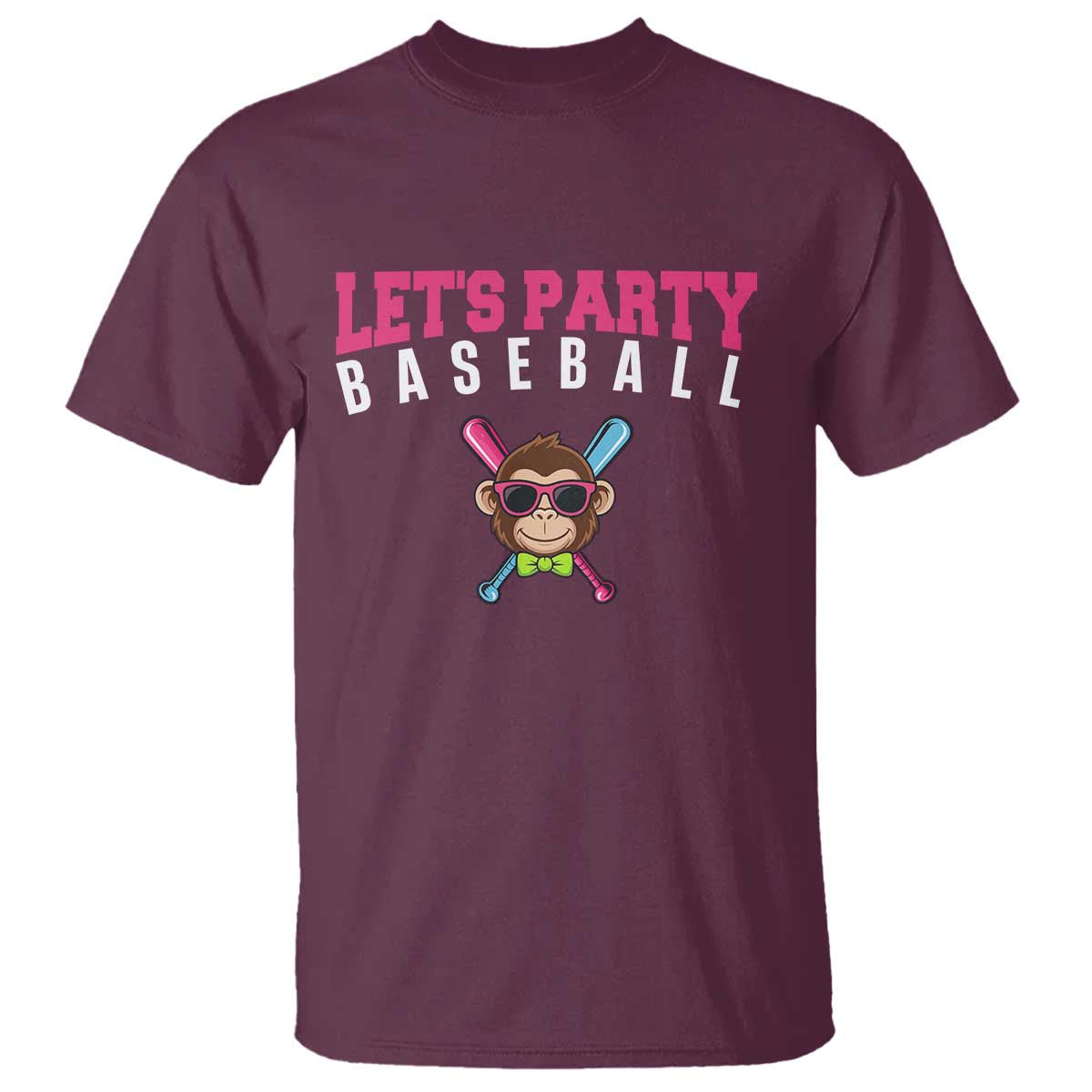 Let's Party Baseball Monkey T Shirt Ball Party Game Day Vibes TS02 Maroon Print Your Wear