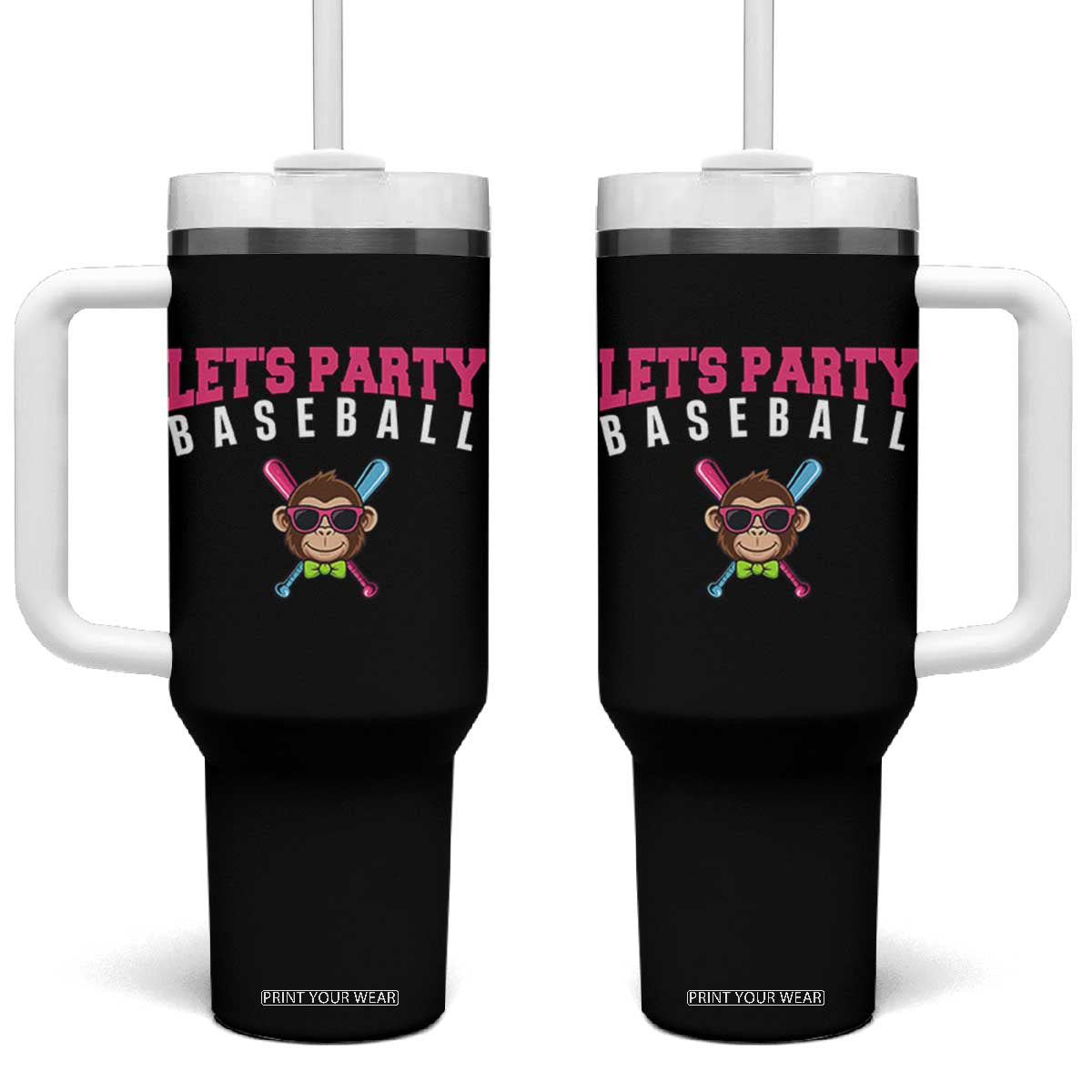 Let's Party Baseball Monkey Tumbler With Handle Ball Party Game Day Vibes TS02 One Size: 40 oz Black Print Your Wear