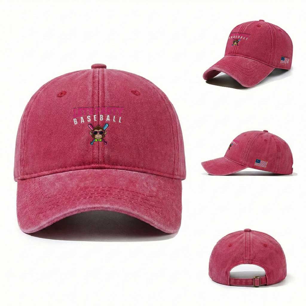 Let's Party Baseball Monkey Washed Cotton Baseball Cap Ball Party Game Day Vibes TS02 Washed Cap Universal Fit Red Print Your Wear