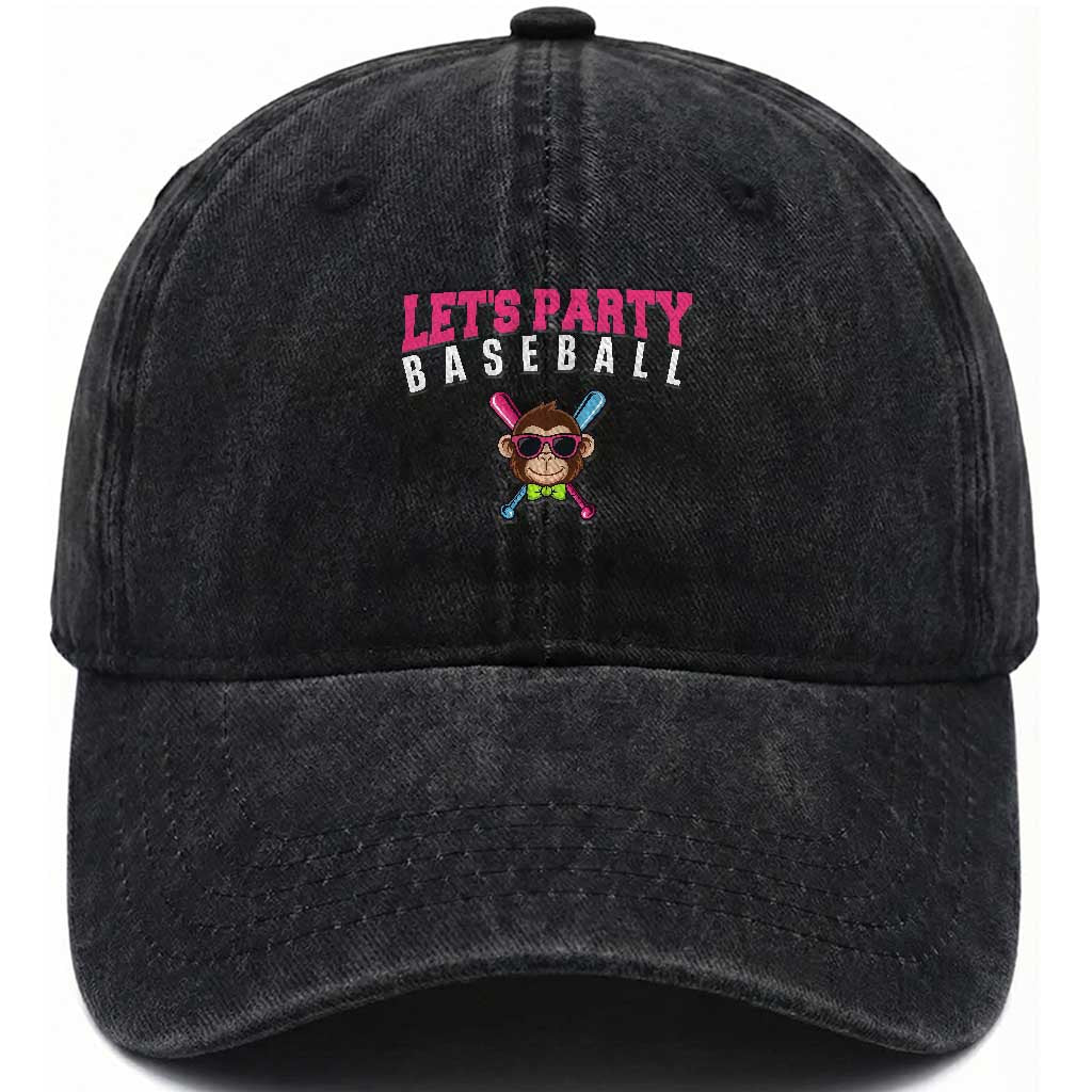 Let's Party Baseball Monkey Washed Cotton Baseball Cap Ball Party Game Day Vibes TS02 Washed Cap Universal Fit Black Print Your Wear