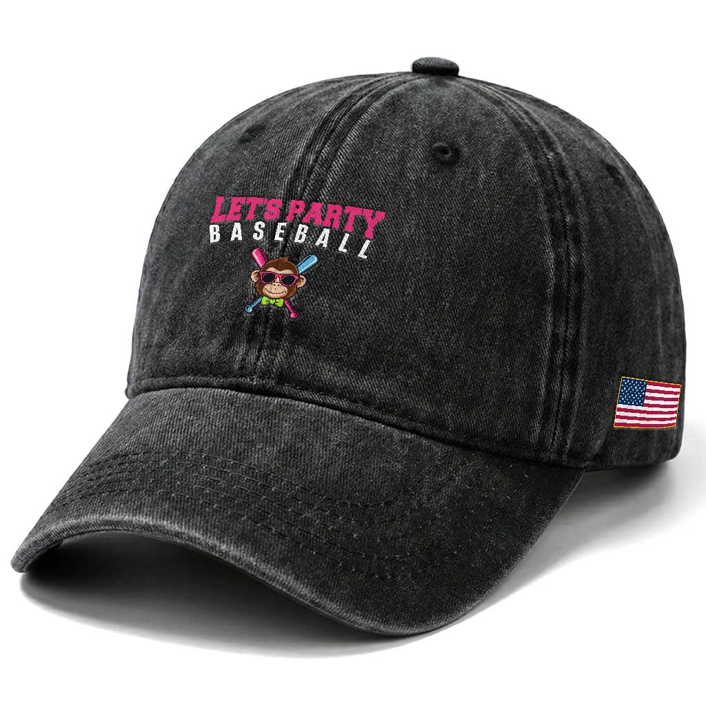 Let's Party Baseball Monkey Washed Cotton Baseball Cap Ball Party Game Day Vibes TS02 Print Your Wear