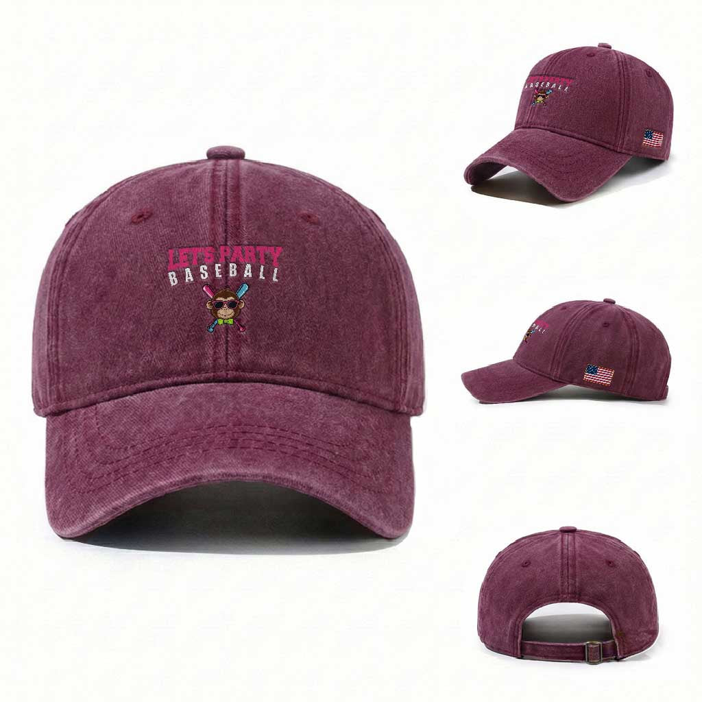 Let's Party Baseball Monkey Washed Cotton Baseball Cap Ball Party Game Day Vibes TS02 Washed Cap Universal Fit Burgundy Print Your Wear