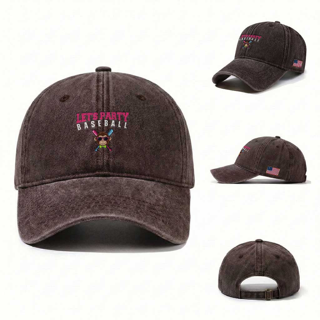 Let's Party Baseball Monkey Washed Cotton Baseball Cap Ball Party Game Day Vibes TS02 Washed Cap Universal Fit Dark Brown Print Your Wear