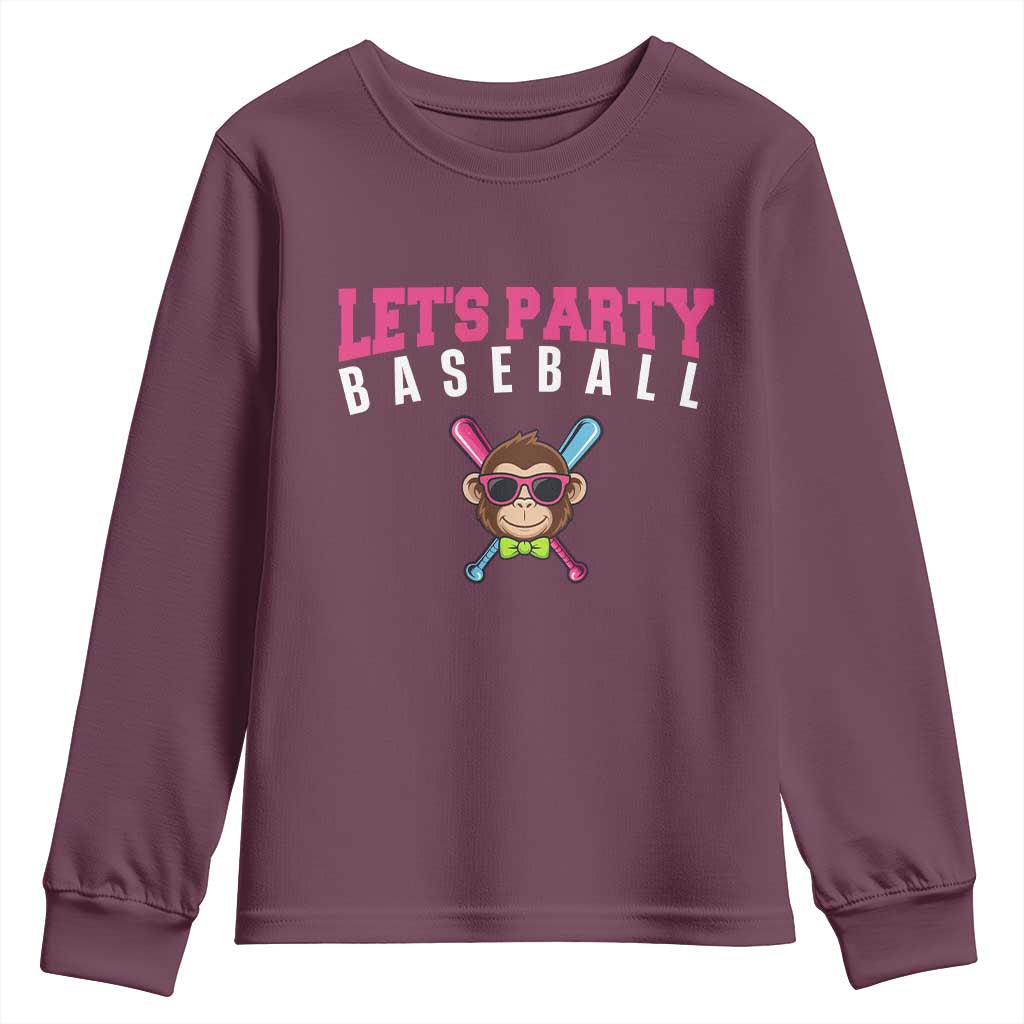 Let's Party Baseball Monkey Youth Sweatshirt Ball Party Game Day Vibes TS02 Maroon Print Your Wear