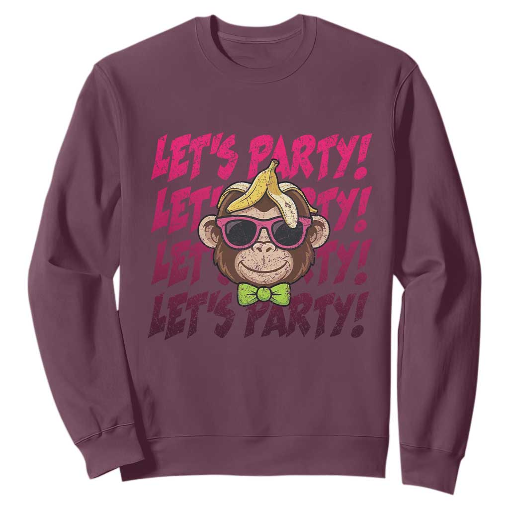 Lets Party Monkey Baseball Sweatshirt Funny Ball Party Game Day Fans TS02 Maroon Print Your Wear