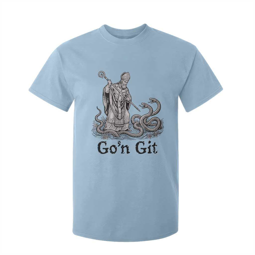 Go'n Git Funny Saint Patrick Banishing Snakes T Shirt For Kid Irish History Humor St Patricks Day TS02 Light Blue Print Your Wear