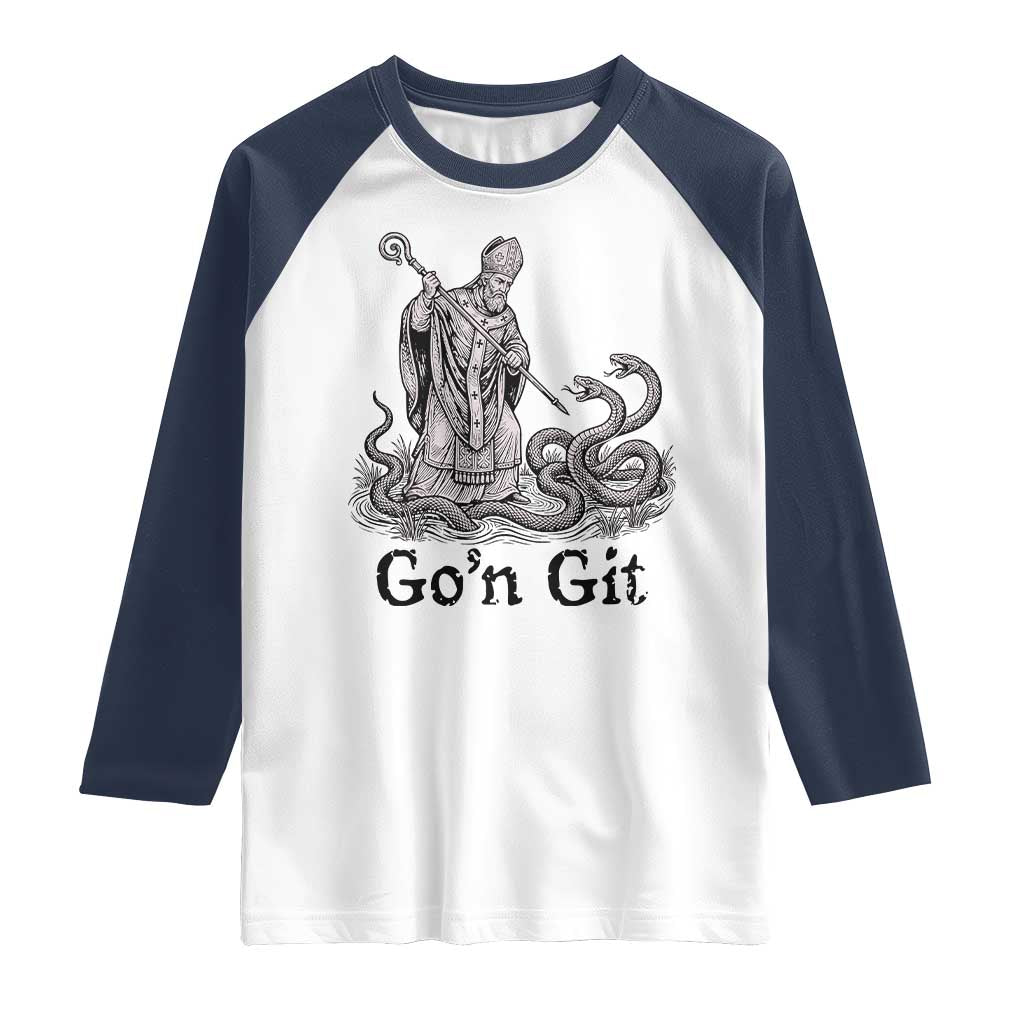 Go'n Git Funny Saint Patrick Banishing Snakes Raglan Shirt Irish History Humor St Patricks Day TS02 White Navy Print Your Wear