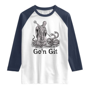Go'n Git Funny Saint Patrick Banishing Snakes Raglan Shirt Irish History Humor St Patricks Day TS02 White Navy Print Your Wear