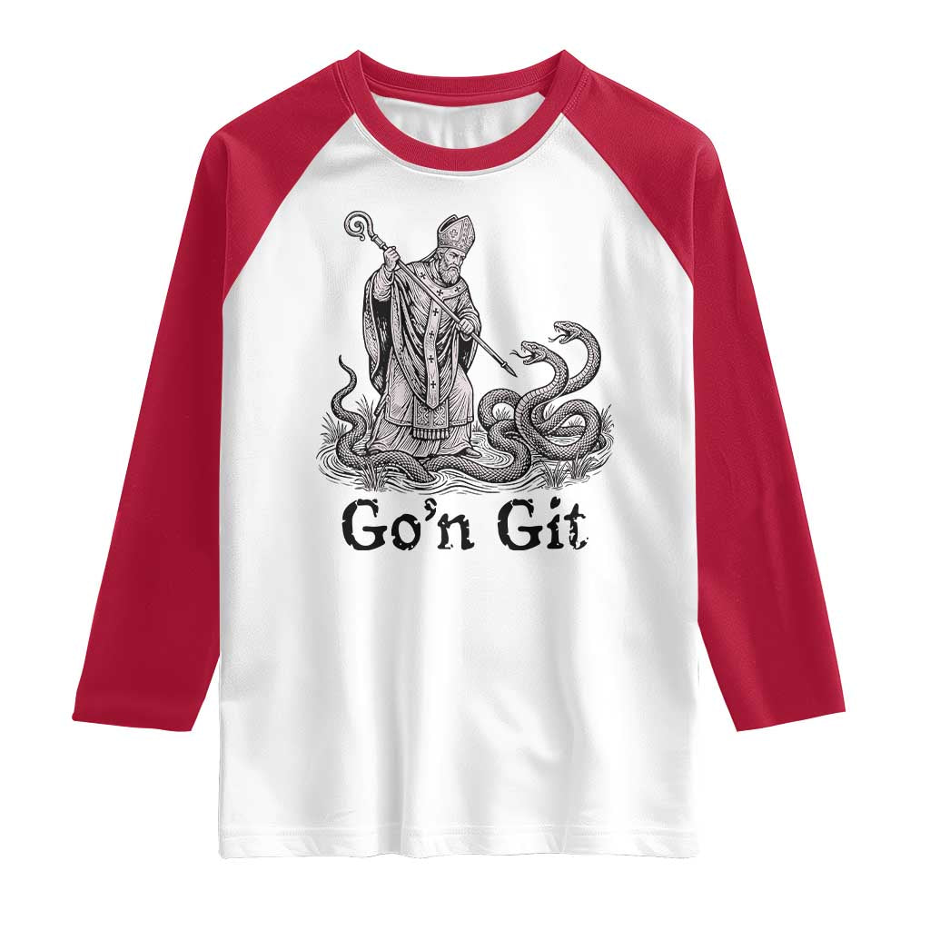 Go'n Git Funny Saint Patrick Banishing Snakes Raglan Shirt Irish History Humor St Patricks Day TS02 White Red Print Your Wear