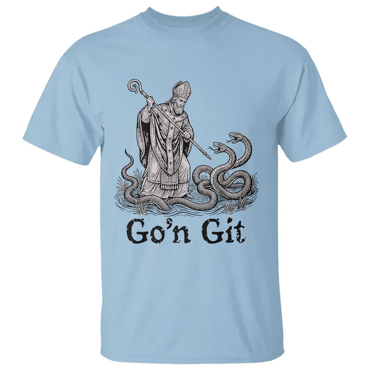Go'n Git Funny Saint Patrick Banishing Snakes T Shirt Irish History Humor St Patricks Day TS02 Light Blue Print Your Wear