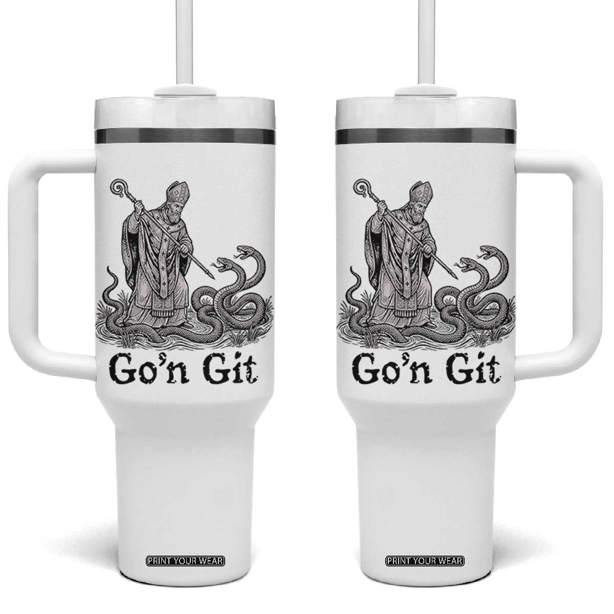 Go'n Git Funny Saint Patrick Banishing Snakes Tumbler With Handle Irish History Humor St Patricks Day TS02 One Size: 40 oz White Print Your Wear