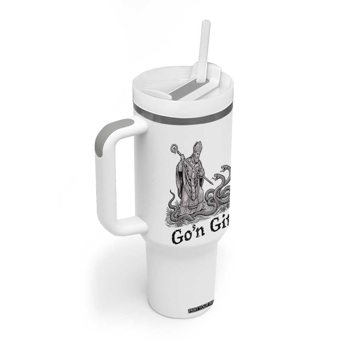 Go'n Git Funny Saint Patrick Banishing Snakes Tumbler With Handle Irish History Humor St Patricks Day TS02 Print Your Wear