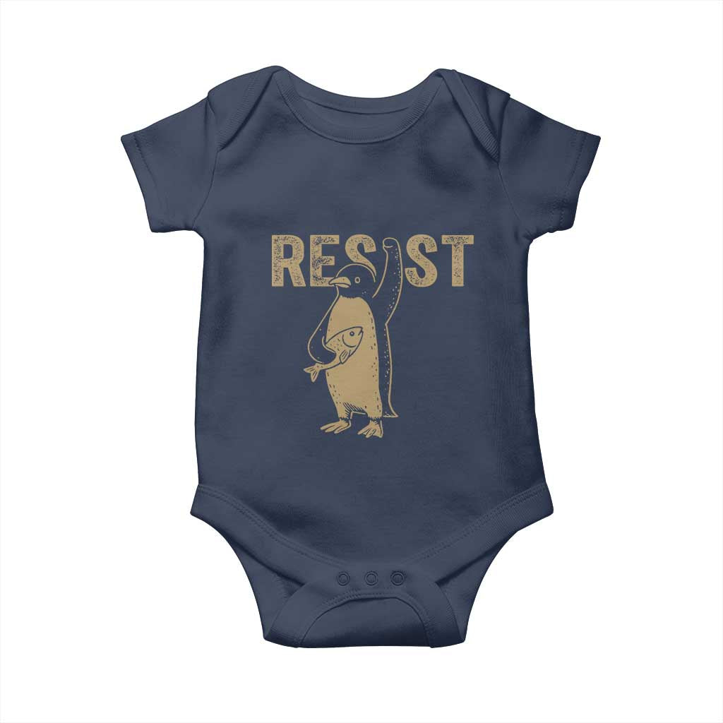 Funny Penguin Resist Baby Onesie Against Tariffs Activism Vintage TS02 Navy Print Your Wear